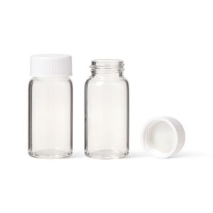 UNSCVL001-Scintillation-Vials-20-mL-with-unattached-white-Urea-cap-and-cone-shaped-liner